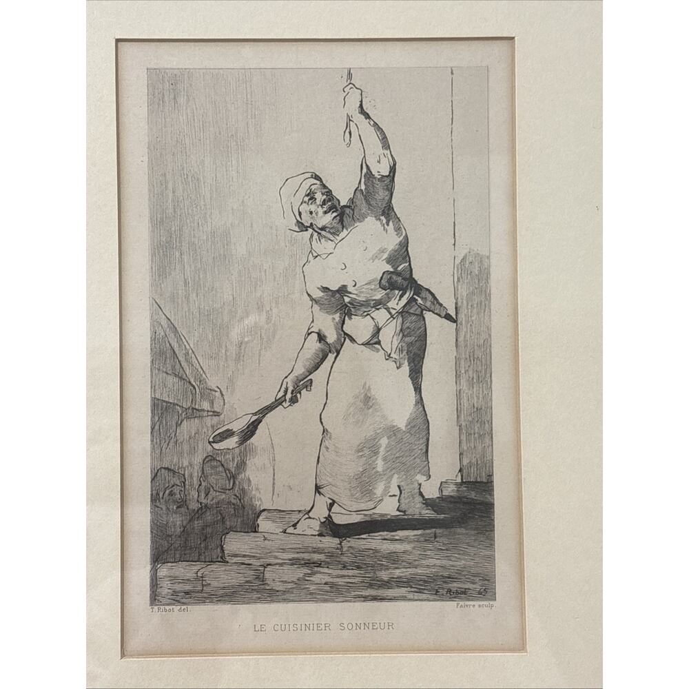 Antique Theodule Ribot le Cuisinier Sonneur Engraving Framed Kitchen Art 19th C